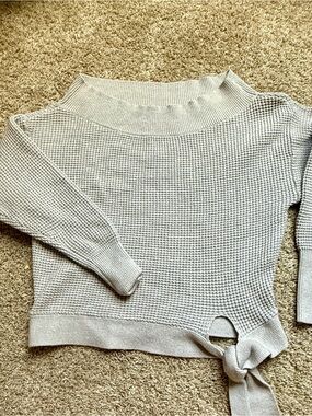 Express Off-the-Shoulder Light Gray Waffle Knit Sweater with Side Tie